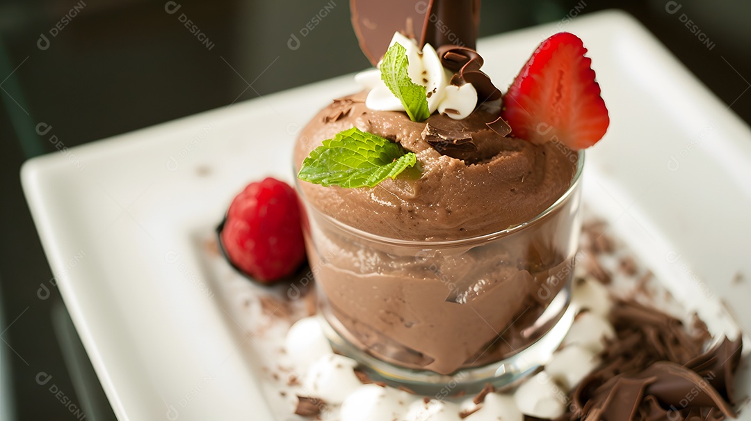 Uma sobremesa decadente de mousse de chocolate