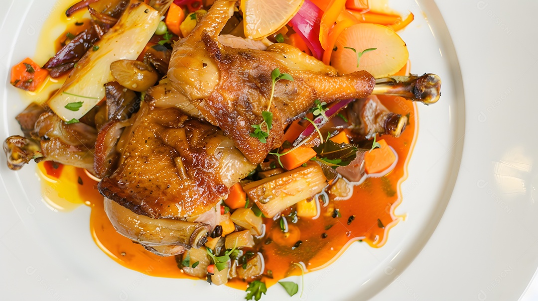 Um saboroso prato de confit de pato com pele crocante