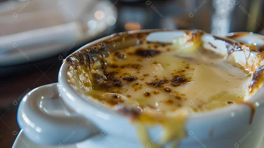 Uma tigela perfumada de sopa de cebola francesa