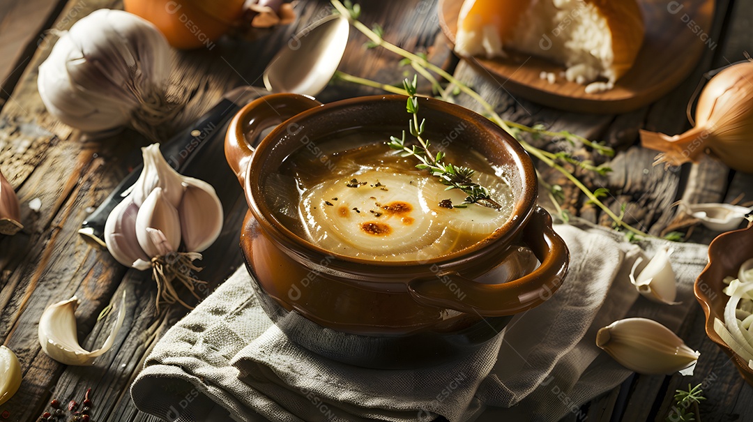 Uma tigela perfumada de sopa de cebola francesa