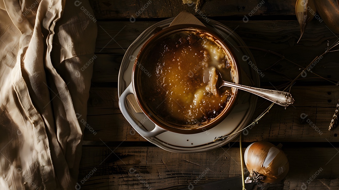 Uma tigela perfumada de sopa de cebola francesa