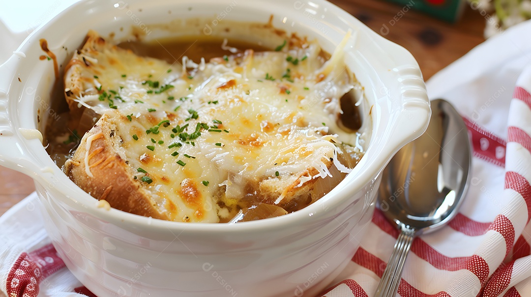 Uma tigela perfumada de sopa de cebola francesa