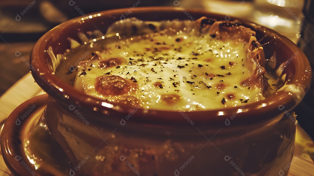 Uma tigela perfumada de sopa de cebola francesa