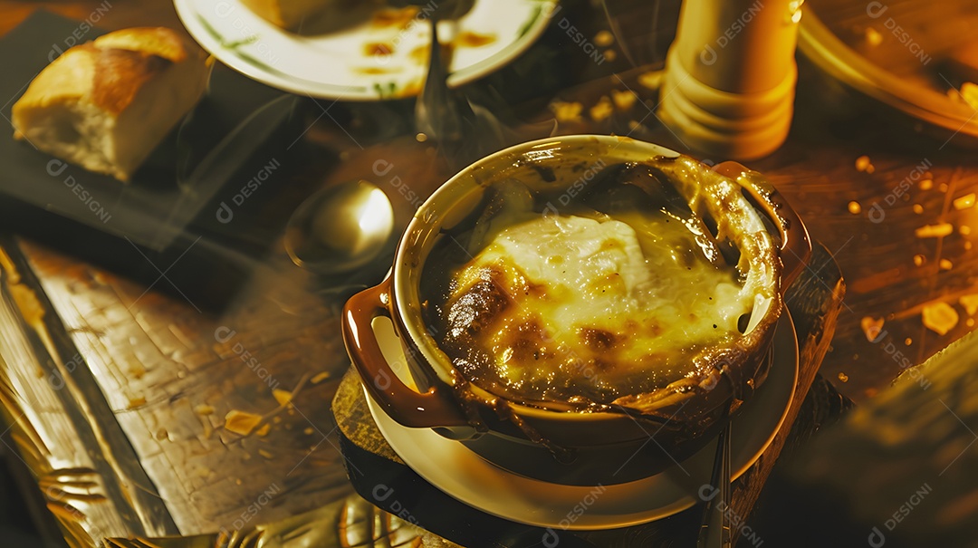 Uma tigela perfumada de sopa de cebola francesa