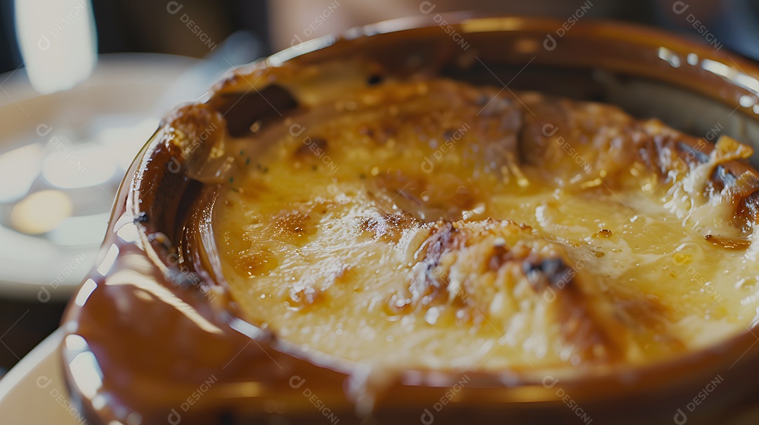 Uma tigela perfumada de sopa de cebola francesa