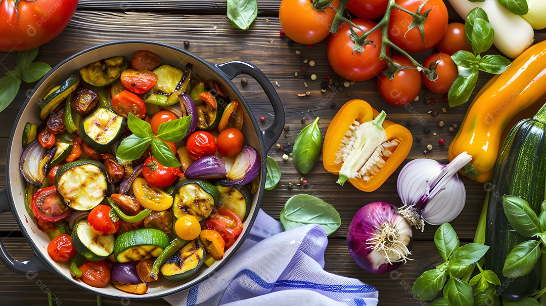 Um ratatouille fresco e picante com vegetais da estação