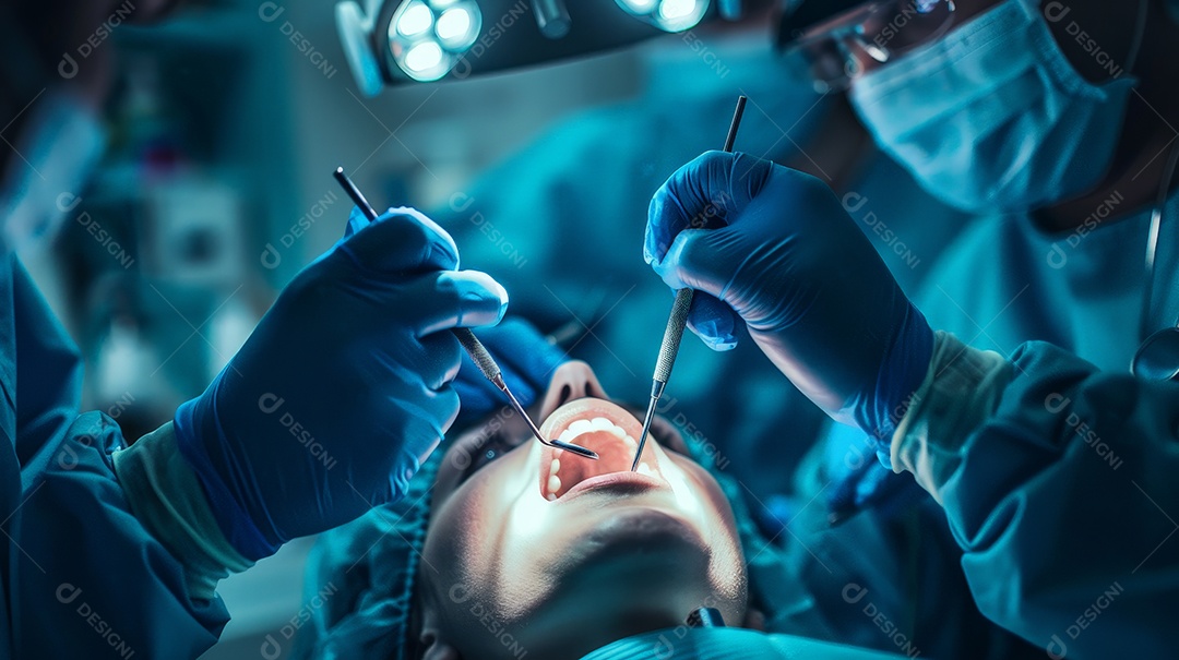 Dentista fazendo limpeza dentária com ajuda de seu auxiliar