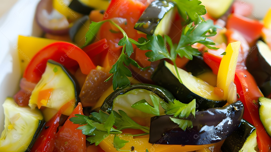 Um ratatouille fresco e picante com vegetais da estação