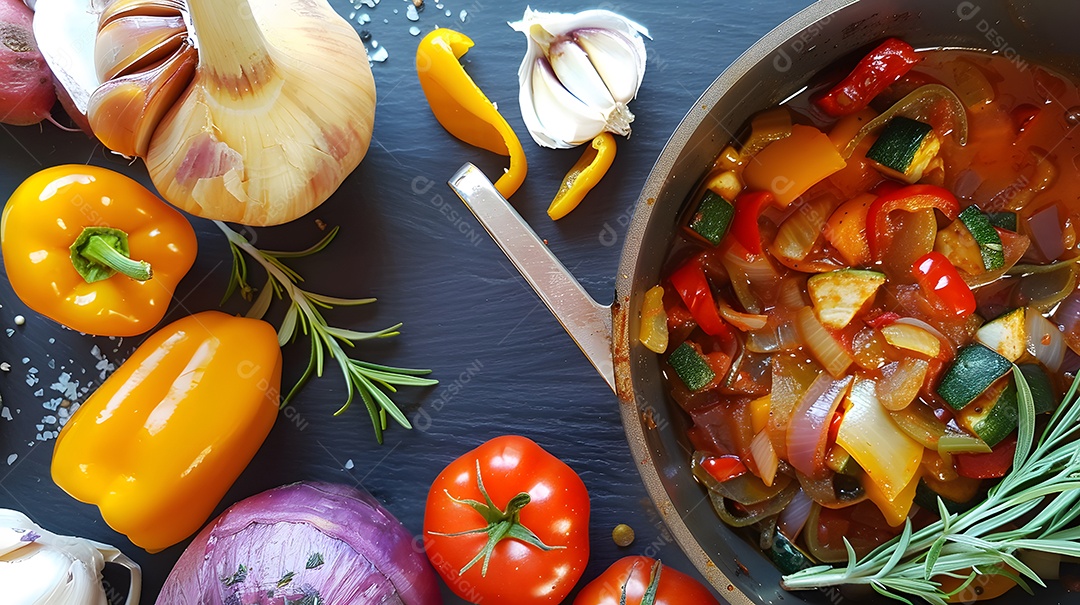 Um ratatouille fresco e picante com vegetais da estação