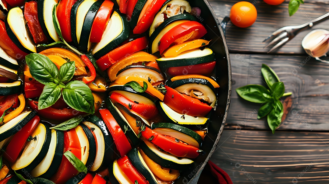 Um ratatouille fresco e picante com vegetais da estação