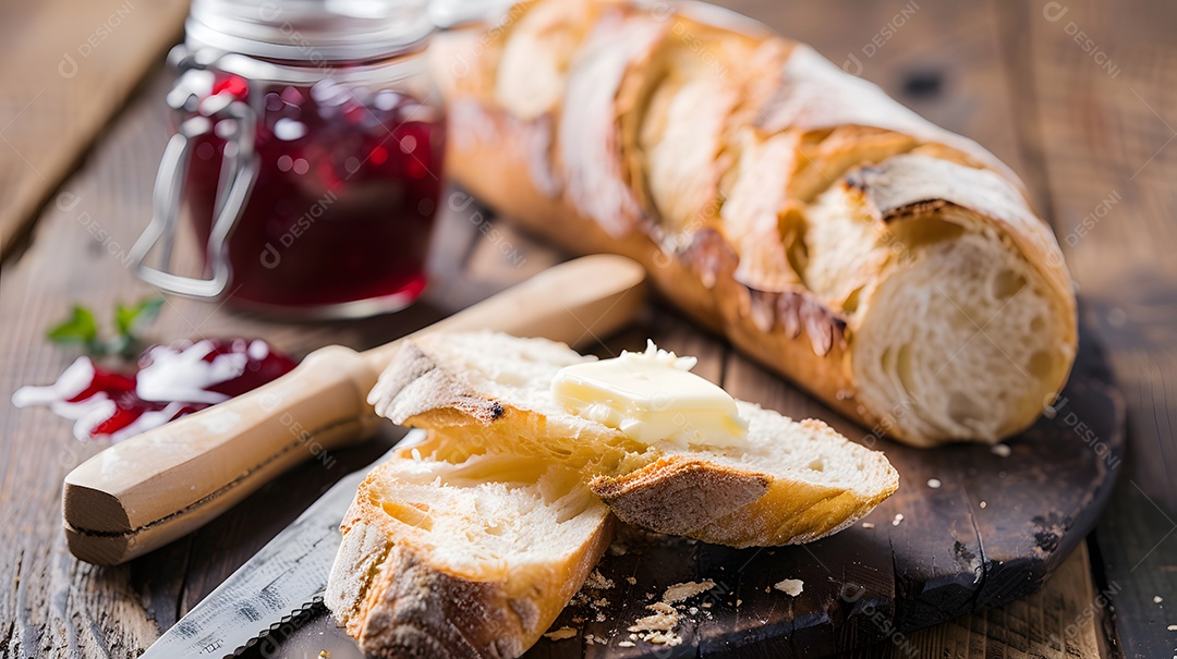 Uma baguete fresca com manteiga e geléia
