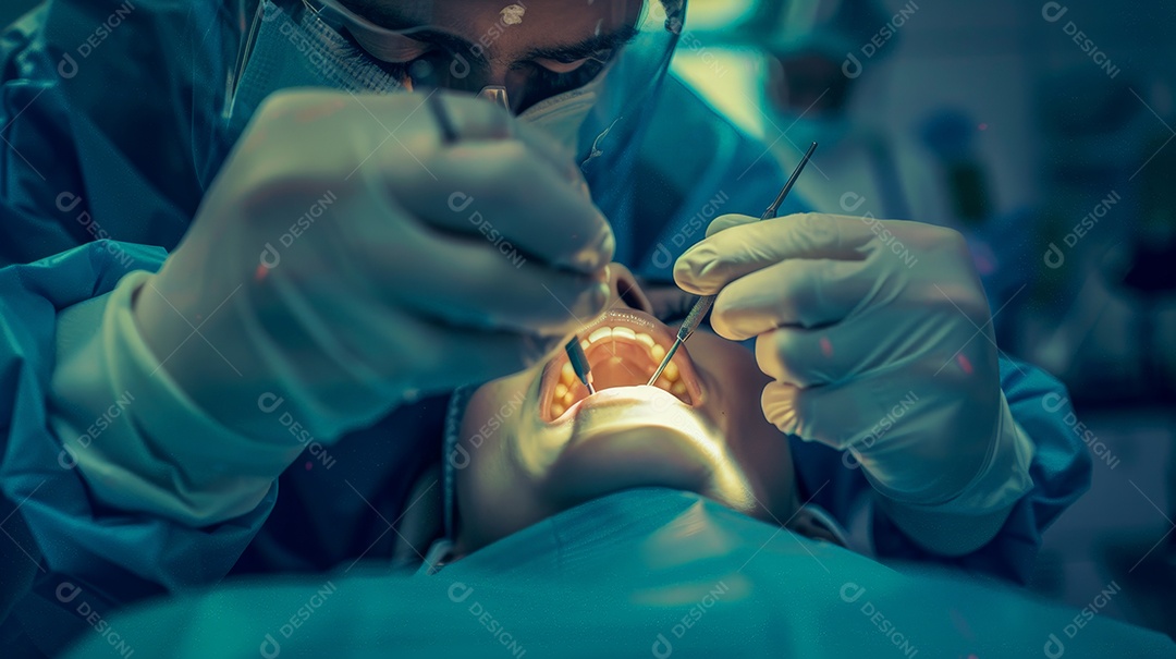 Dentista fazendo limpeza dentária em adulto com instrumentos
