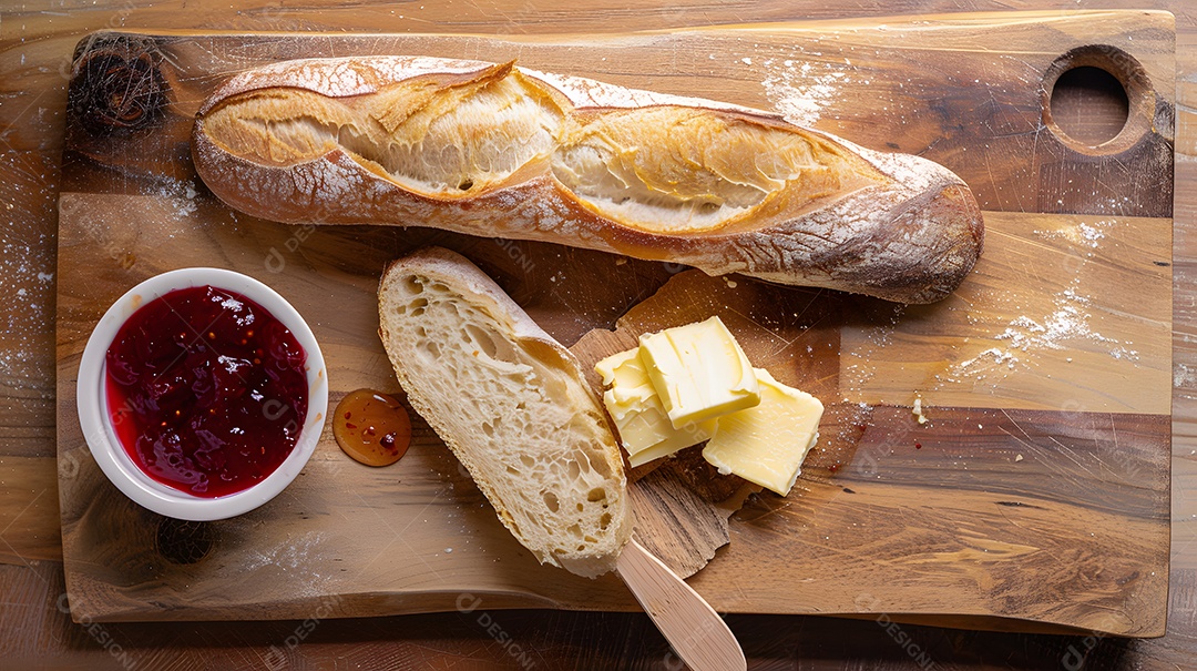 Uma baguete fresca com manteiga e geléia