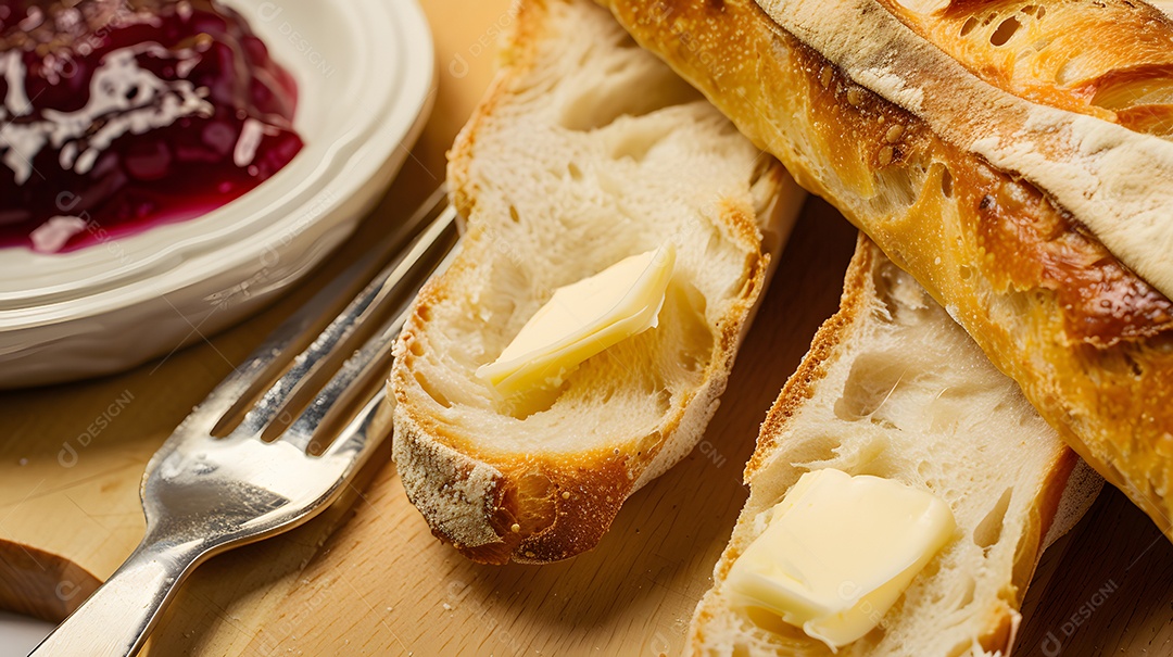 Uma baguete fresca com manteiga e geléia