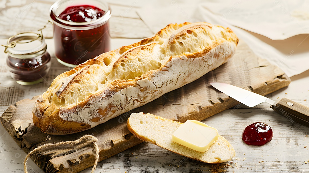 Uma baguete fresca com manteiga e geléia
