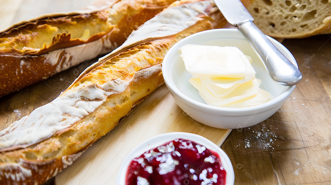 Uma baguete fresca com manteiga e geléia