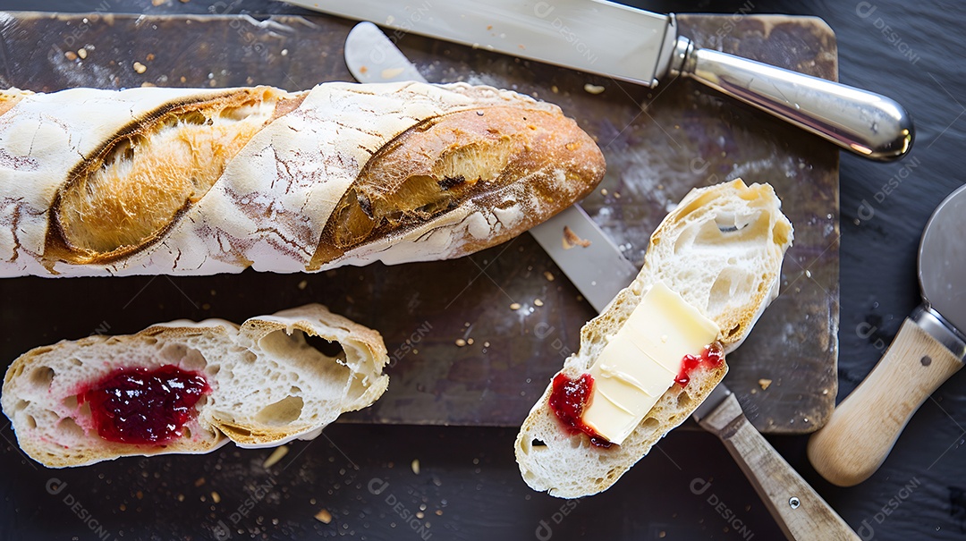 Uma baguete fresca com manteiga e geléia