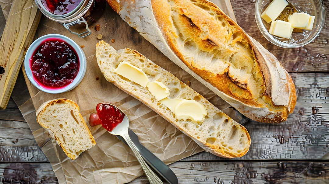 Uma baguete fresca com manteiga e geléia