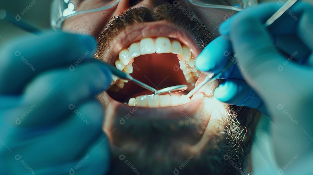 Dentista fazendo limpeza dentária