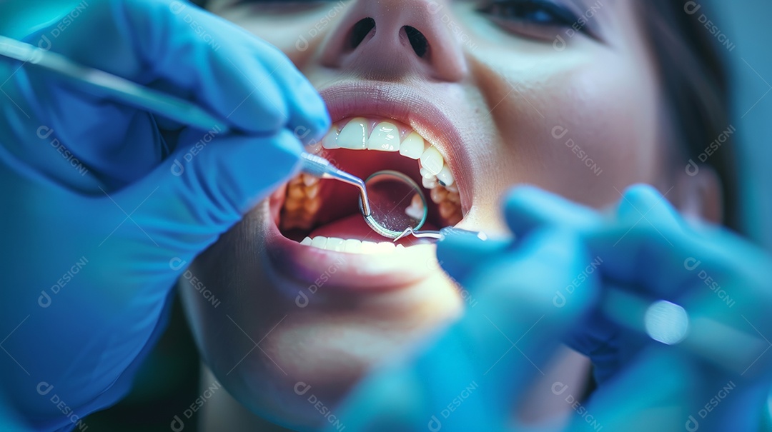 Dentista fazendo limpeza dentária em adulto com instrumentos