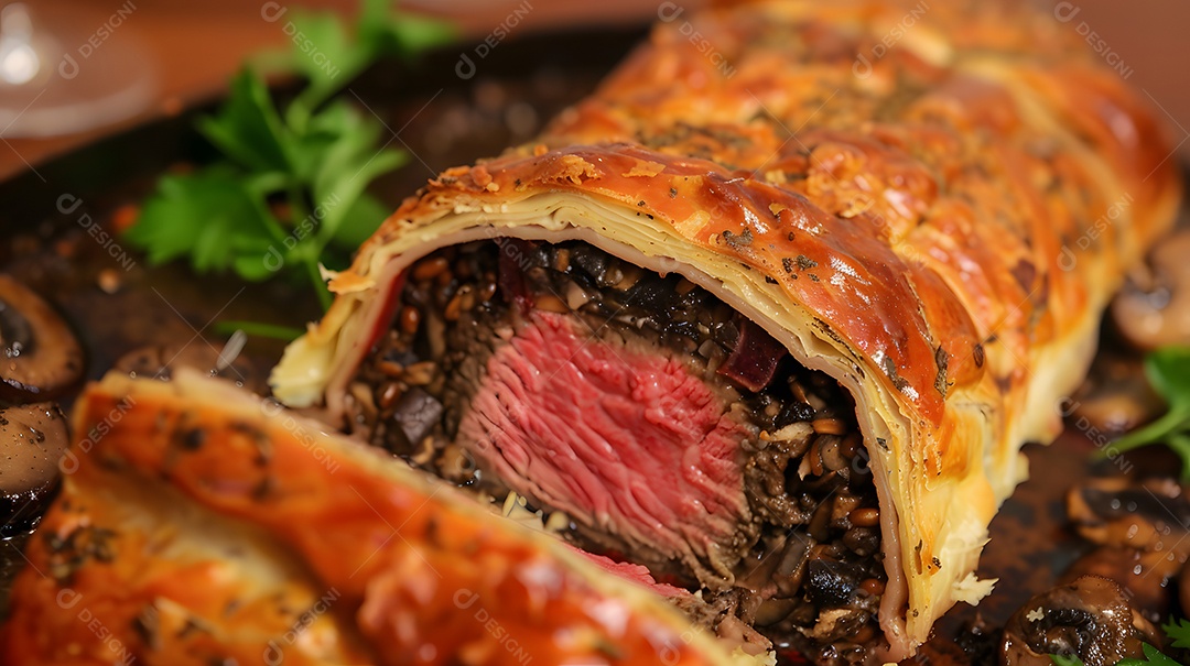 Um luxuoso bife wellington com duxelles de cogumelos
