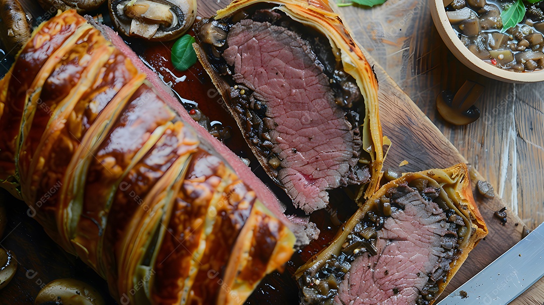 Um luxuoso bife wellington com duxelles de cogumelos
