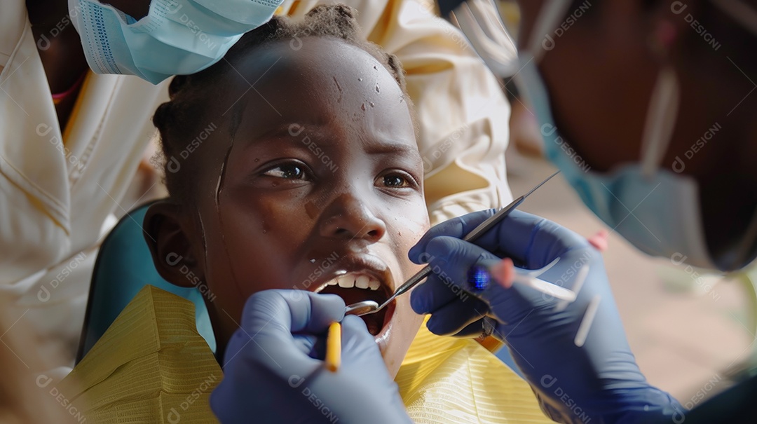 Dentista fazendo limpeza dentária em criança com instrumentos