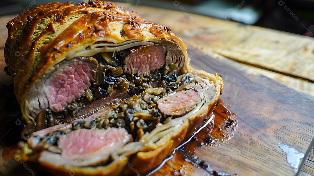 Um luxuoso bife wellington com duxelles de cogumelos