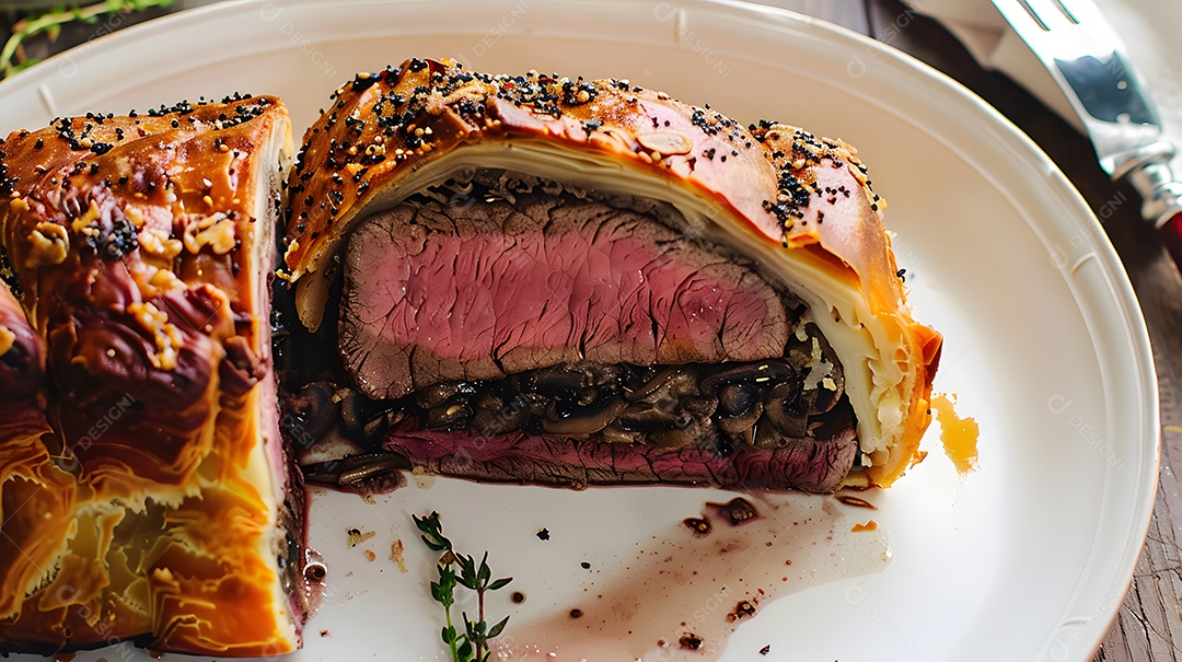 Um luxuoso bife wellington com duxelles de cogumelos