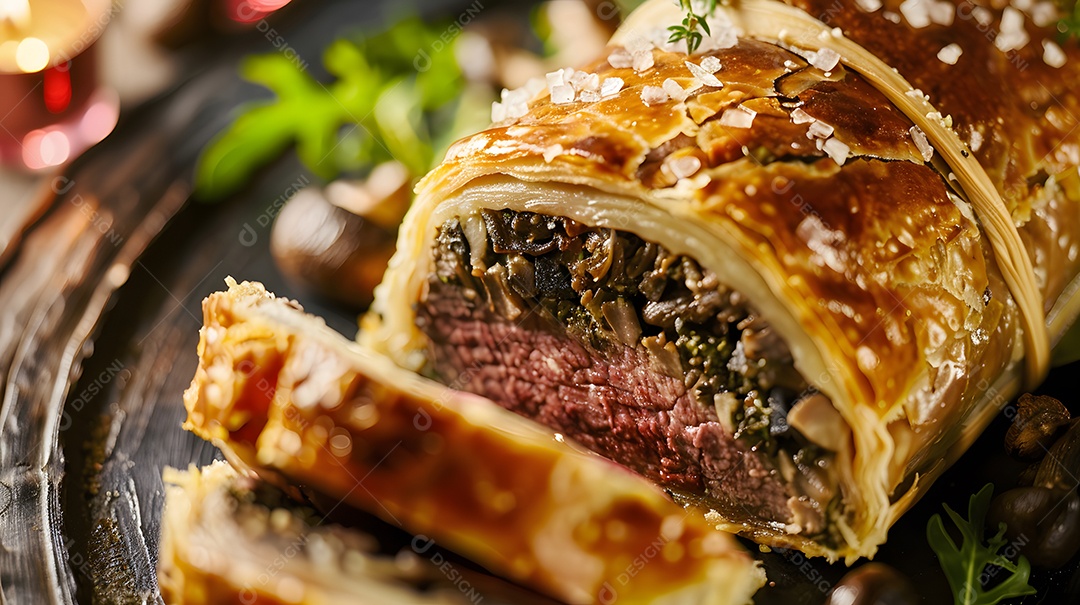 Um luxuoso bife wellington com duxelles de cogumelos