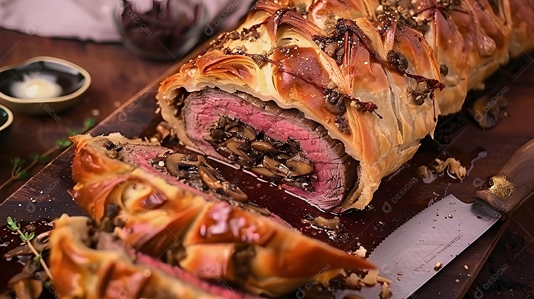 Um luxuoso bife wellington com duxelles de cogumelos