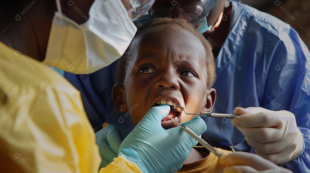 Dentista fazendo limpeza dentária em criança com instrumentos