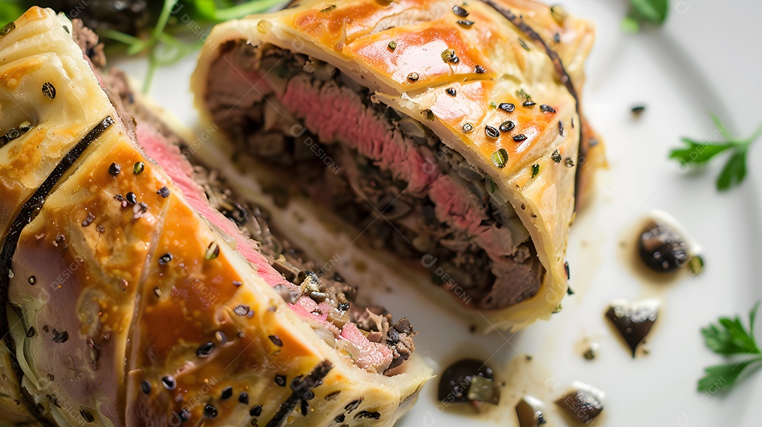 Um luxuoso bife wellington com duxelles de cogumelos