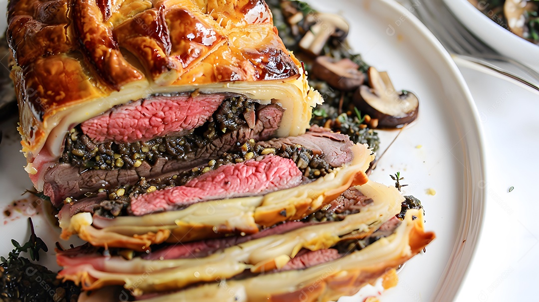 Um luxuoso bife wellington com duxelles de cogumelos