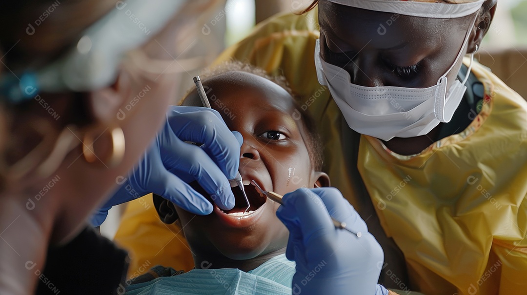 Dentista fazendo limpeza dentária em criança com instrumentos