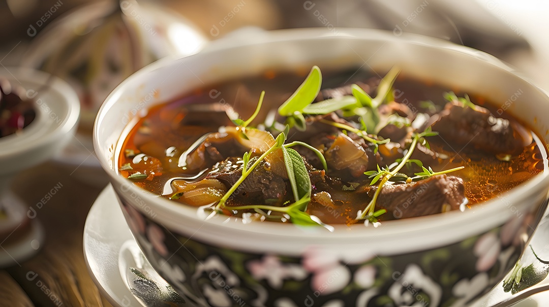 Uma tigela bem quente de sopa de caldo de carne