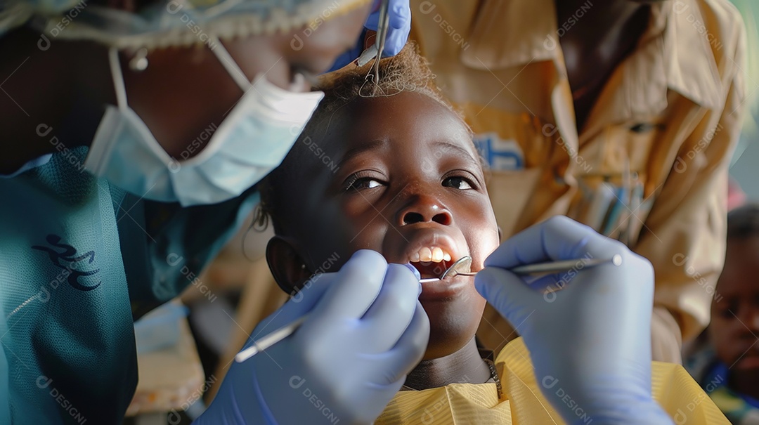 Dentista fazendo limpeza dentária em criança com instrumentos