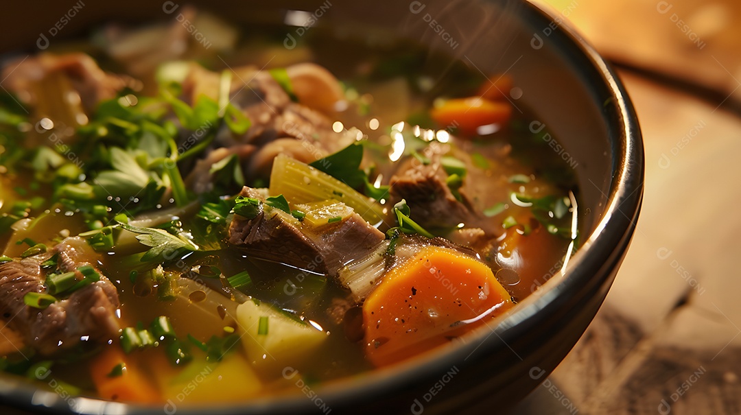 Uma tigela bem quente de sopa de caldo de carne