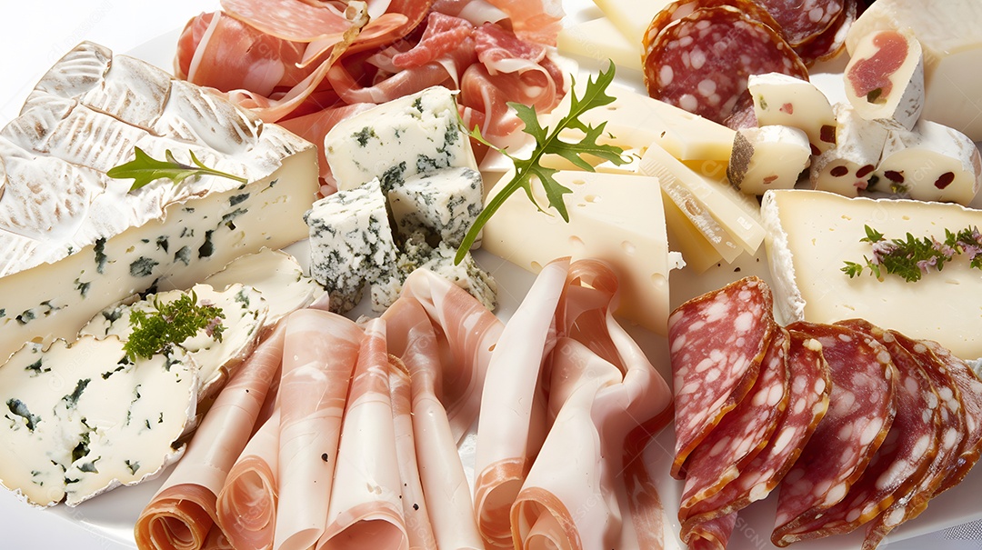 uma travessa de queijos de queijos variados e charcutaria