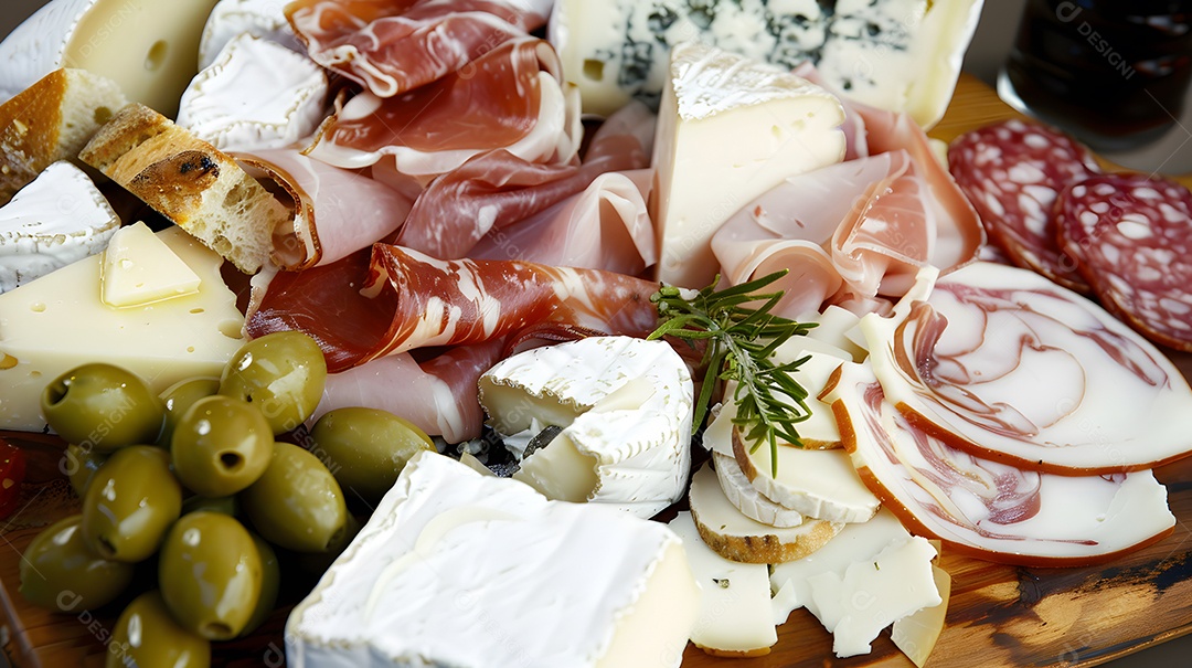 uma travessa de queijos de queijos variados e charcutaria