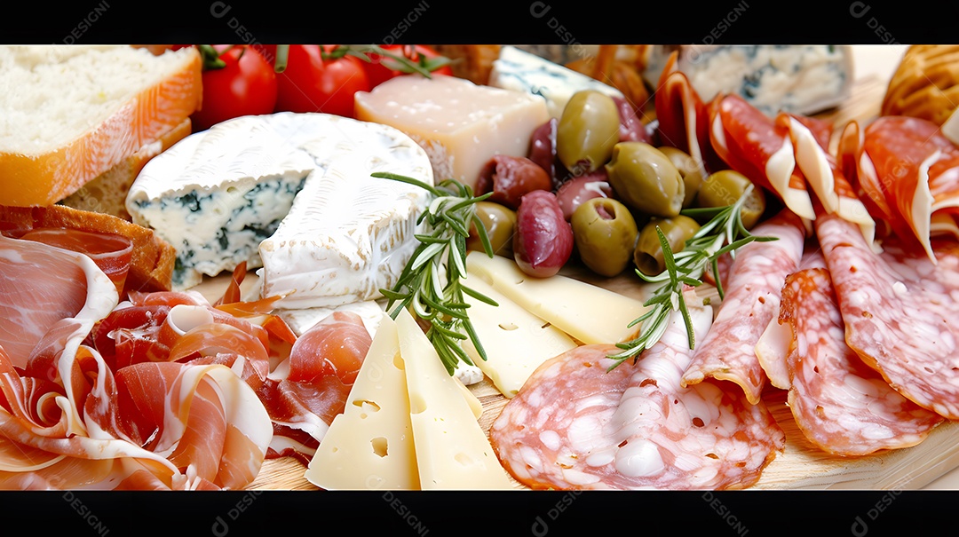 Uma travessa de queijos variados e charcutaria