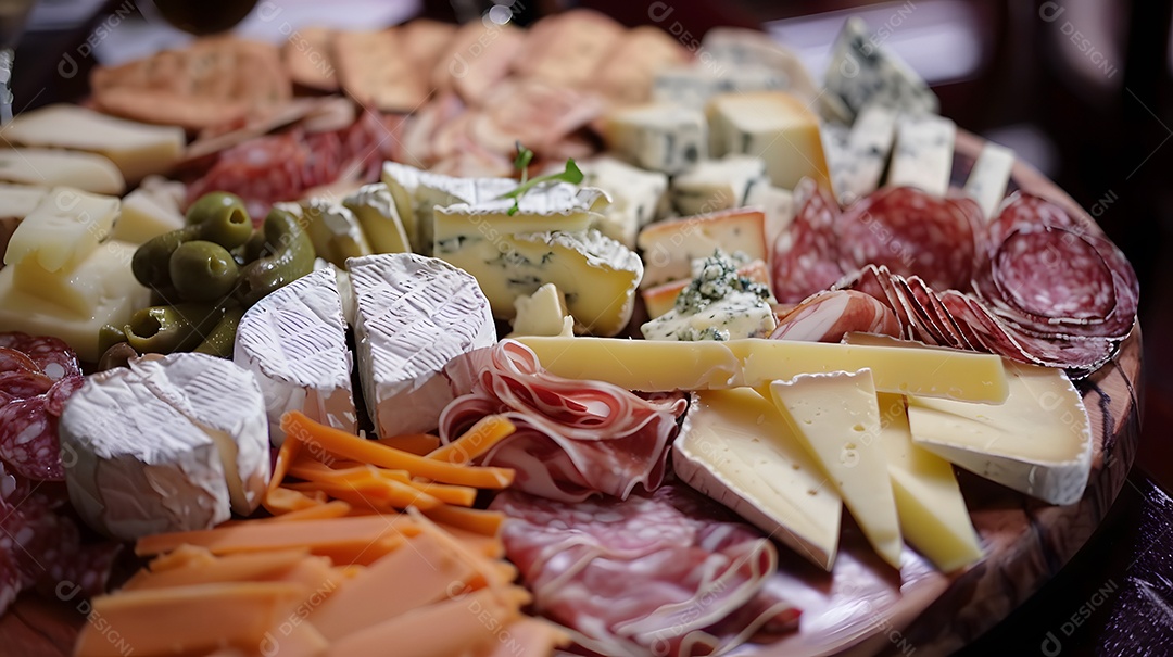 uma travessa de queijos de queijos variados e charcutaria