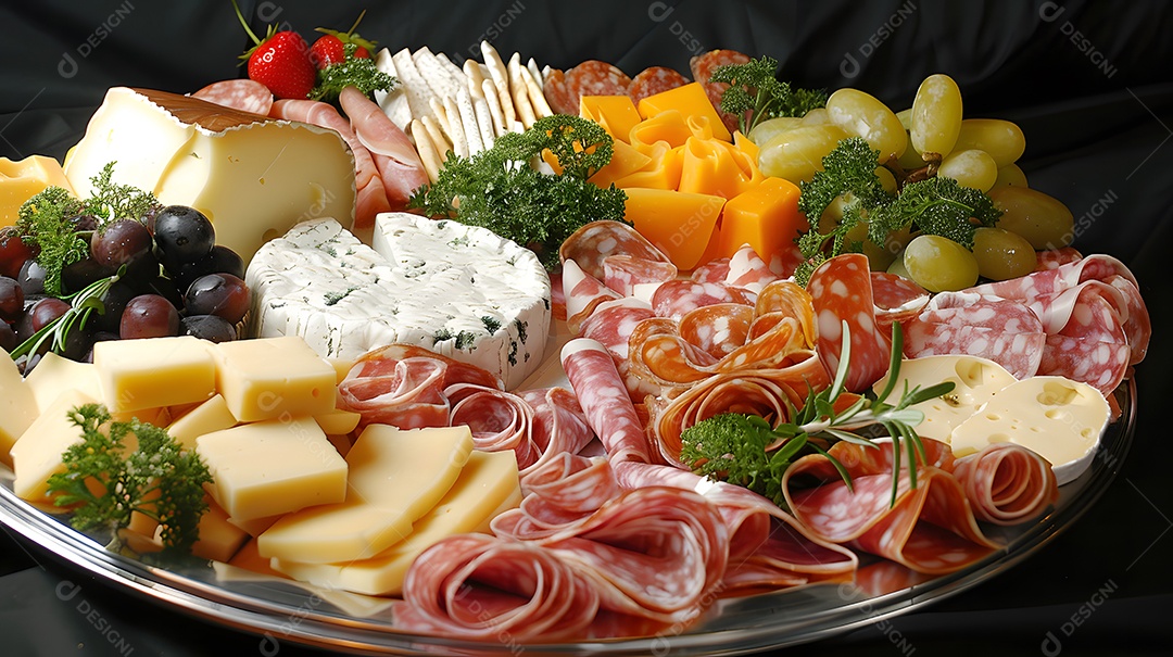 Uma travessa de queijos variados e charcutaria