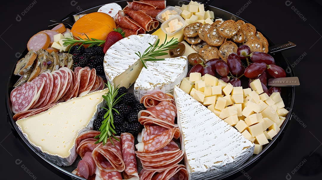 Uma travessa de queijos variados e charcutaria