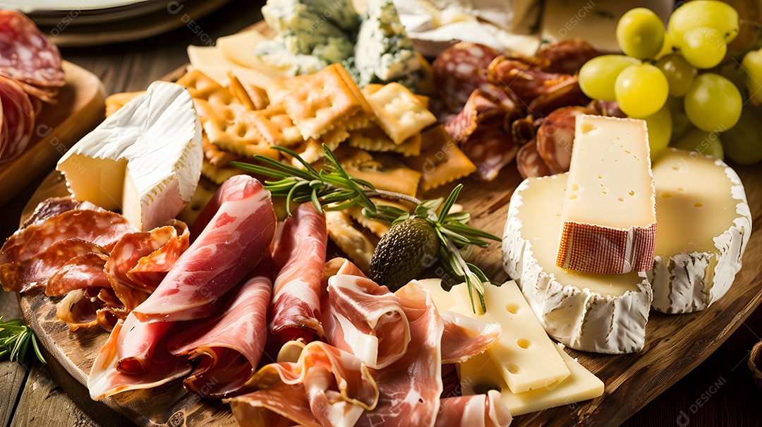 uma travessa de queijos de queijos variados e charcutaria