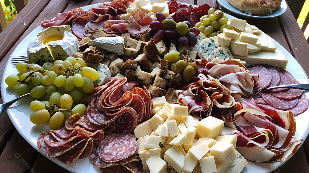 Uma travessa de queijos variados e charcutaria