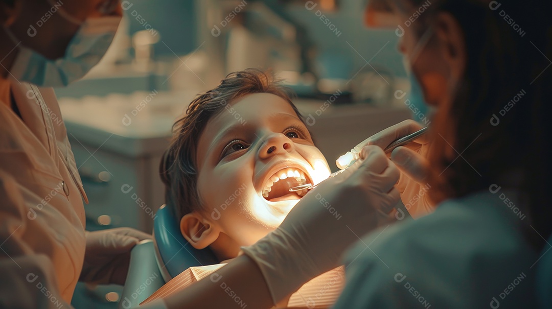 Criança corajosa no dentista arrumando dentinhos