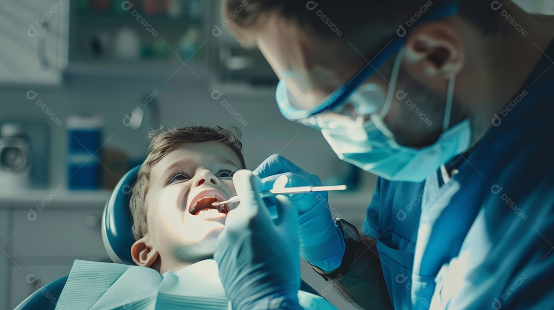 Criança corajosa no dentista arrumando dentinhos