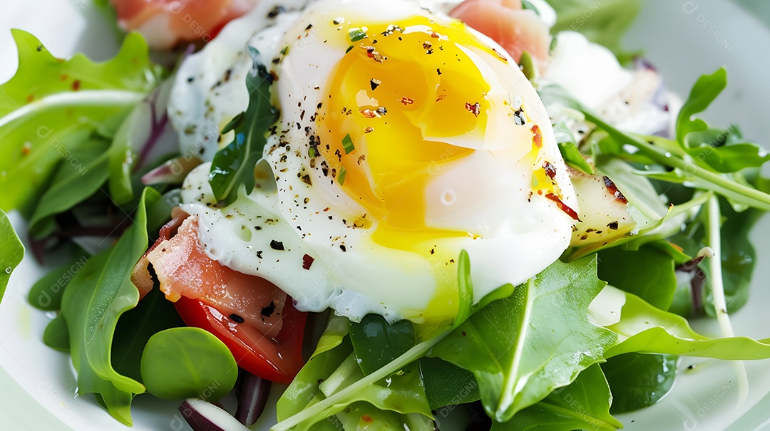 Uma salada lyonnaise picante com ovo escalfado