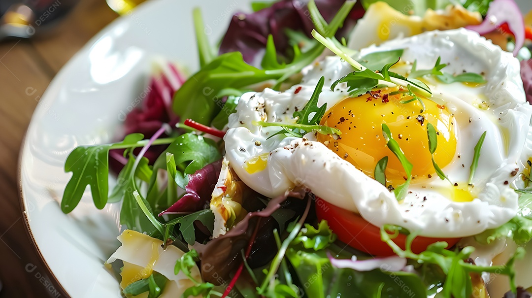 Uma salada lyonnaise picante com ovo escalfado